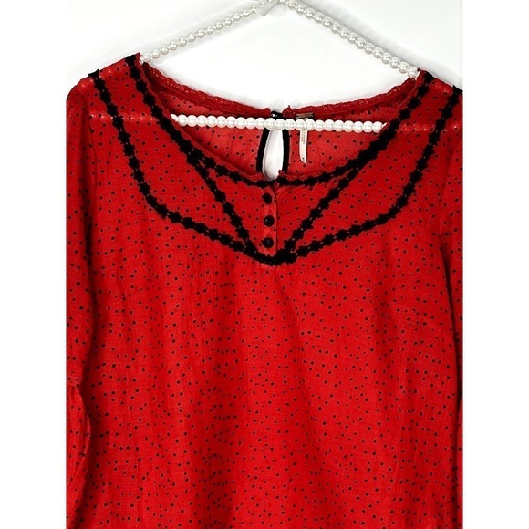 Free People Red Sheer Blouse with Black Polka Dots SZ M - Picture 4 of 11